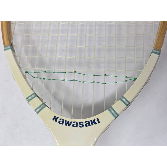 VINTAGE KAWASAKI SS-1100 TENNIS RACKET RACQUET CREAM BLUE WOODEN STANDARD 28" - Picture 5 of 9